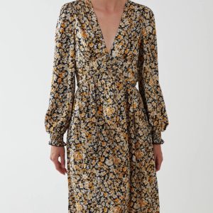 Black & Yellow Ruched Deep V Volume Midi Dress