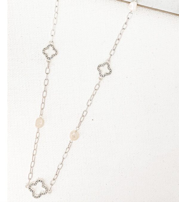 Long silver necklace with freshwater pearls and diamante fleurs