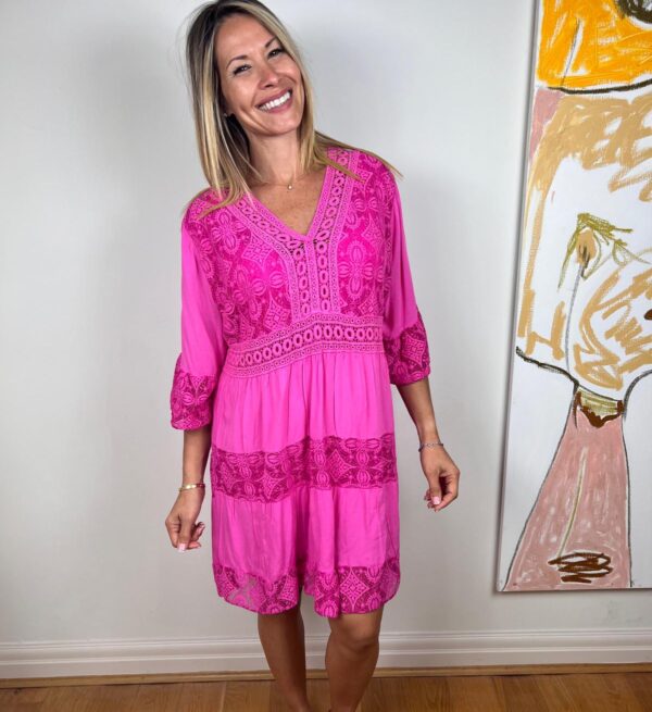 Fuschia Embroidery & Lace Tiered Short Dress