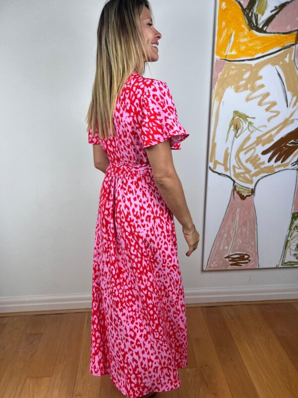 Red & Pink Leopard Dipped Hem Wrap Dress