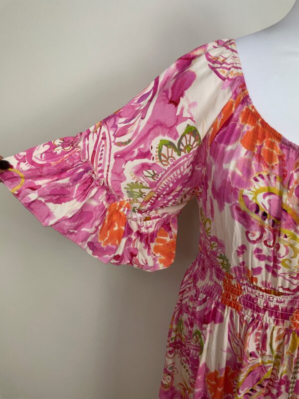 Pink & Green Multi Print Shirred Waist Midi Dress