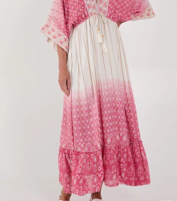 Embroidered Double V-Neck Maxi Dress in Pink