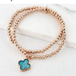 Envy Gold Double Layer Stretch Ball Bracelet with Turquoise Fleur Charm