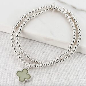 Envy Silver Double Layer Stretch Ball Bracelet with Green Fleur Charm
