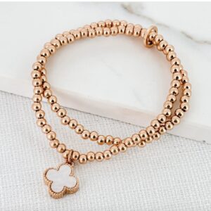 Envy Gold Double Layer Stretch Ball Bracelet with White Fleur Charm