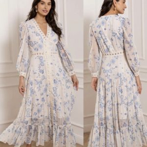 Chokolat Paris Blue and White Print Maxi Dress