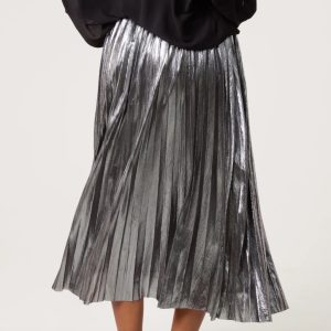 Metallic Pleated Midi Skirt in Bronze or Pewter