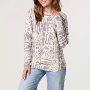 Animal Print Fine Knit Jumper in Stone