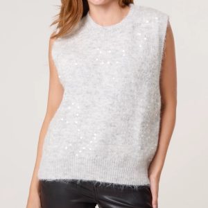 Crew Neck Sequin Knit Vest in Grey