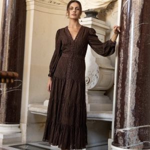 Chocolate Brown Brocade Trim Maxi Dress