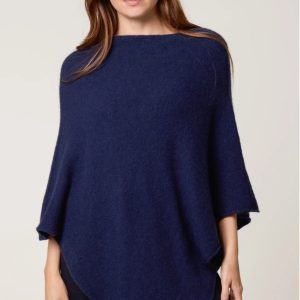 Boat Neck Asymmetric Hem Poncho in Navy