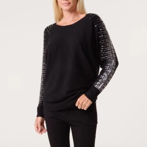 Embellished Shoulder Fine Knit Jumper in Black