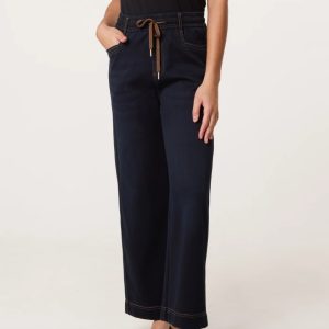 String Elastic Waist Wide Leg Indigo Jeans