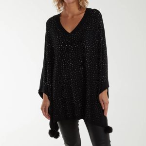 Faux Fur Pom Pom Detail Diamante Poncho in Black