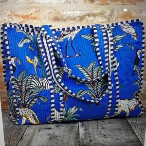 Blue Quilted Cotton Tote Bag - Jungle Print