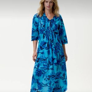 One Season Long Poppy Cotton Dress - Milos Blue