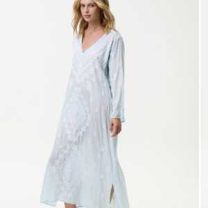 One Season Long Goa Cotton Embroidery Dress - Pale Blue/White