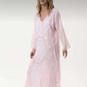 One Season Long Goa Cotton Embroidery Dress - Pale Pink/White