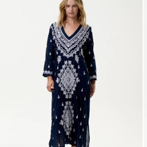 One Season Long Goa Cotton Embroidery Dress - Navy/White