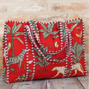 Red Quilted Cotton Tote Bag - Jungle Print
