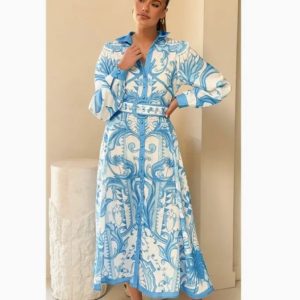 Linen Style Belted Bubble Sleeve Dress
