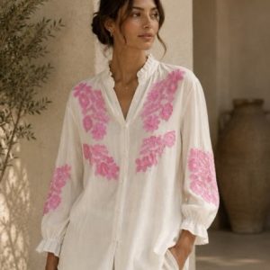 Louisa Embroidered Cotton Shirt in White & Fuschia