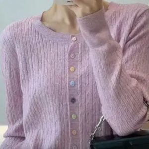 Fine Knit Cable Knit Cardigan with Multi Button in Lilac