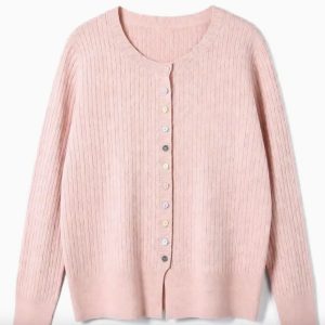 Fine Knit Cable Knit Cardigan with Multi Button in Pink