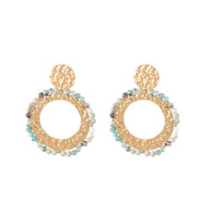 Hammered Twin Hoop Earrings with Natural Stone Beads