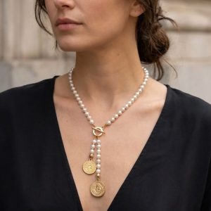 Envy Short White Bead Necklace with Gold T-bar