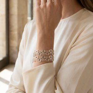 Envy Silver Wide Cuff Bracelet with Circle and Chain Design