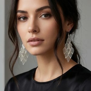 Envy Long Silver Leaf Design Earring