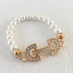 Envy Pearl and Bead Stretch Bracelet with Diamante Horsebit Design