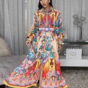 Multi Colour Buttoned Long Sleeved Maxi Dress